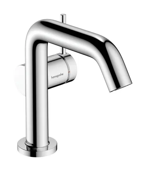 Ein chromfarbener Einhebel-Waschtischmischer von Hansgrohe mit einem gebogenen Auslauf und einem schlichten Design. Die Steuerung erfolgt über einen seitlichen Hebel.